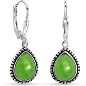 Women's Sterling Silver Drop Created Birthstone Leverback Green Teardrop Earring